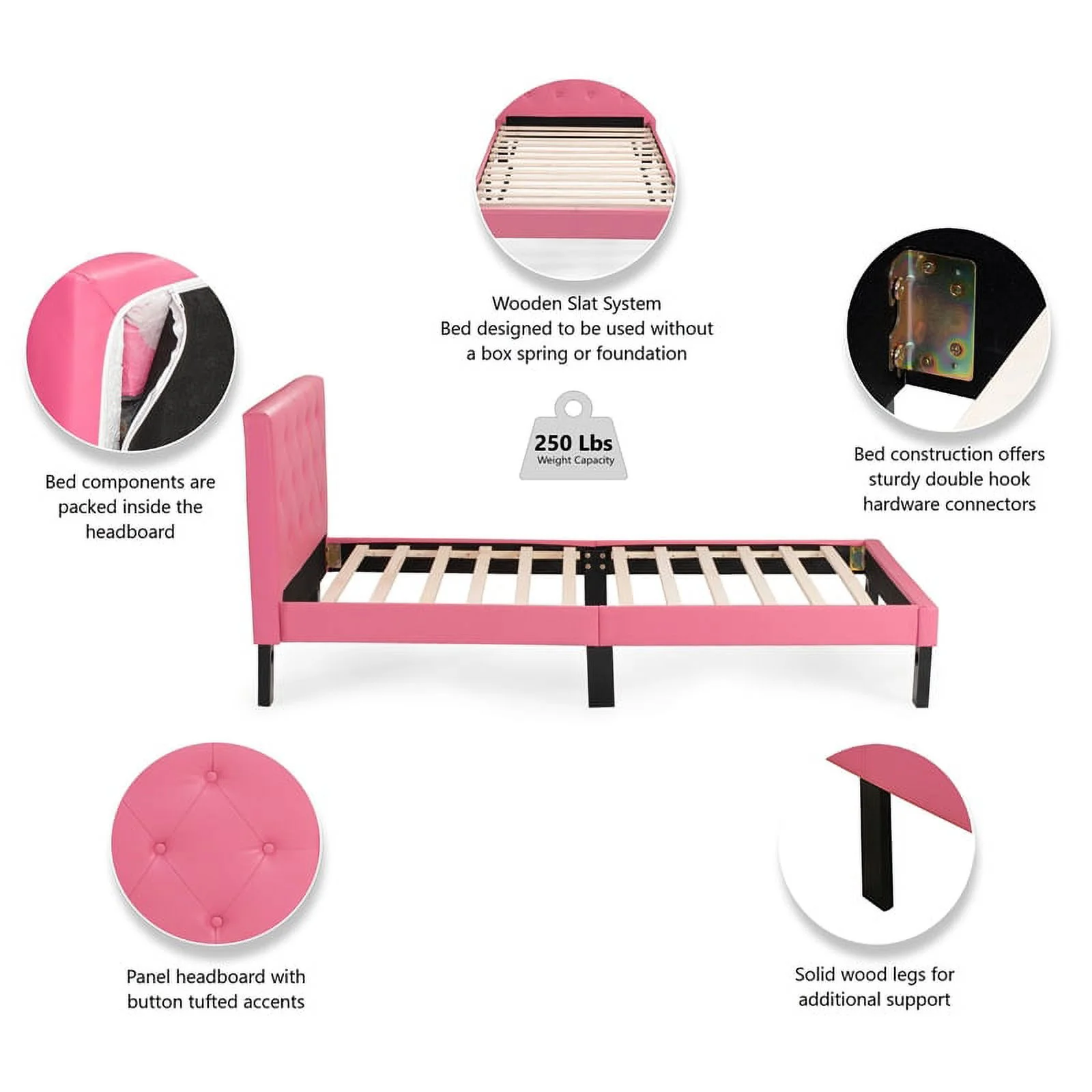 Pemberly Row Twin Upholstered Bed Frame with Slats in Pink Faux Leather