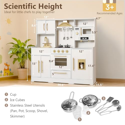 Kinder King Wooden Kids Play Kitchen, Toy Kitchen Playset for Toddler, Play Kitchen Set w/Real Sounds, Pretend Coffee Machine, Kitchen Hood, Sink