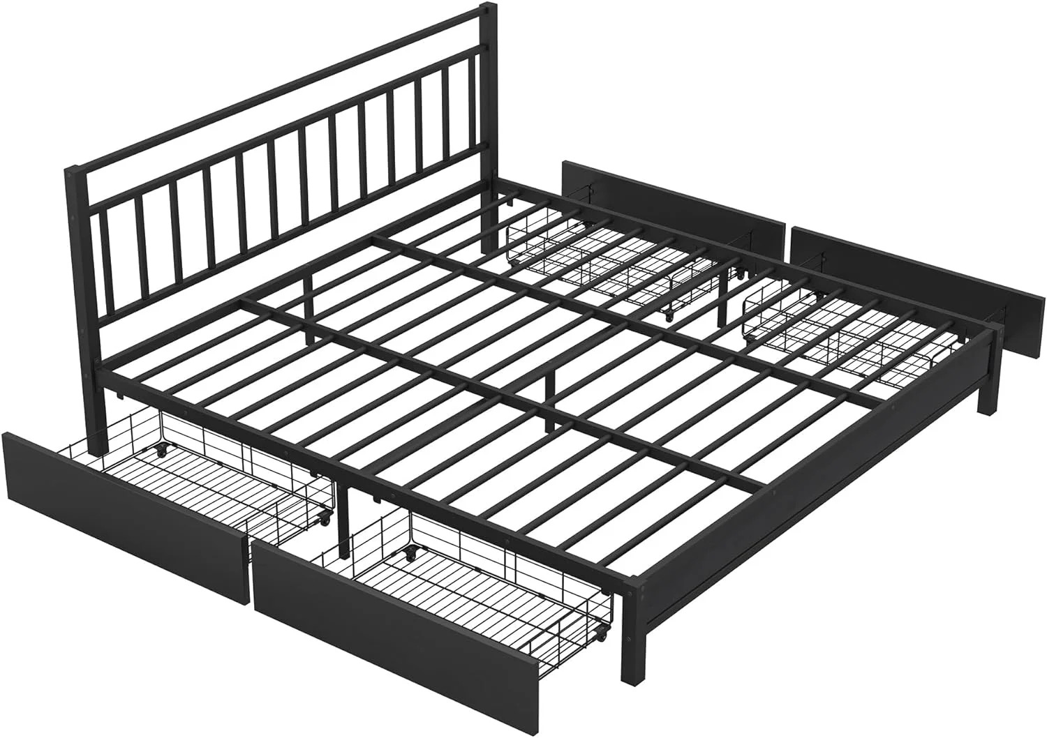 King Size Bed-Frame with Storage.Metal Platform Bed with Headboard.4 Drawers.Sturdy Metal-Frame.Easy to Install.No Spring Box Needed.Bedroom