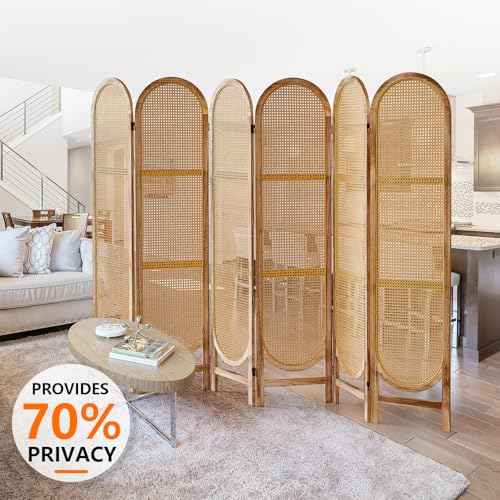 4 Panels Room Divider Wall, Foldable Wooden Room Divider, Individual Privacy Screen Made of Hand-Woven Rattan