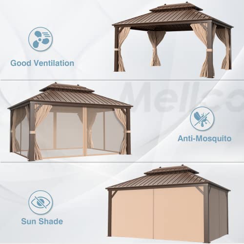 MELLCOM 10'x13' Hardtop Gazebo with Polycarbonate Double Roof, Aluminum Frame Outdoor Gazebo Permanent Pavilion with Curtains and Netting for Patio