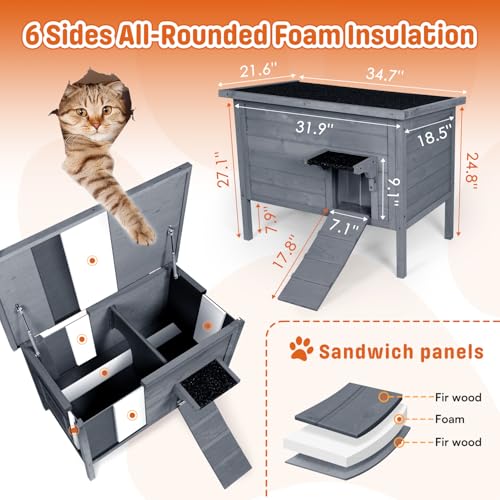 BRIOPAWS Outdoor-Cat-House-Insulated | Feral-Cat-Shelter for Winter | Weatherproof | Large Wooden Pet House for Multiple Cats | Foldable Ladder |