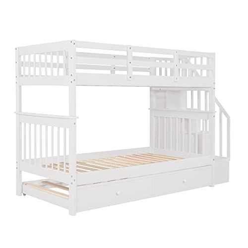 Harper & Bright Designs Twin Over Twin Bunk Bed with Stairs and Trundle, Solid Wood Stairway Bunk Bed Frame with Storage