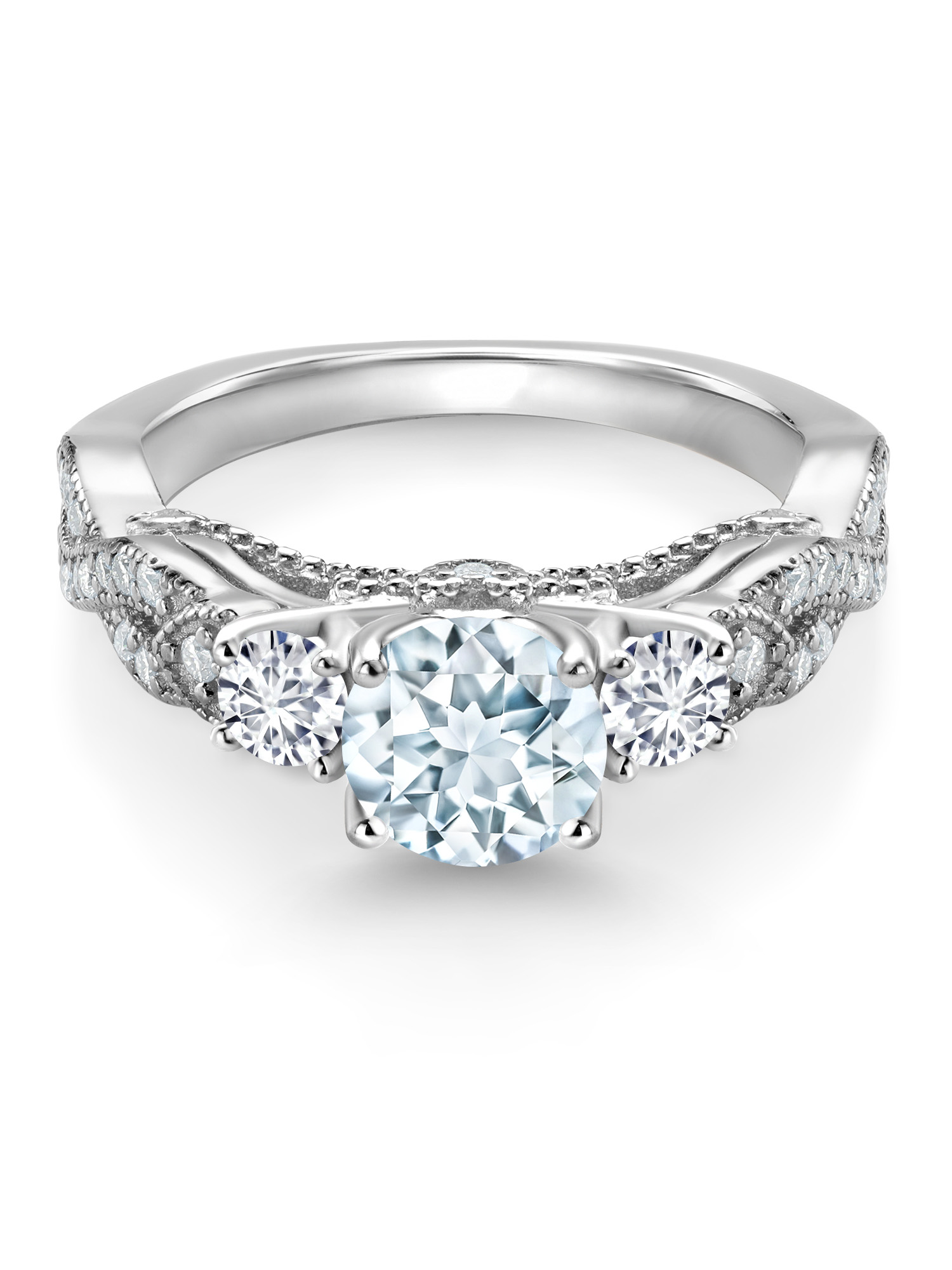 Gem Stone King 925 Sterling Silver Sky Blue Aquamarine White Diamond and White Moissanite Engagement Ring For Women (1.22 Cttw