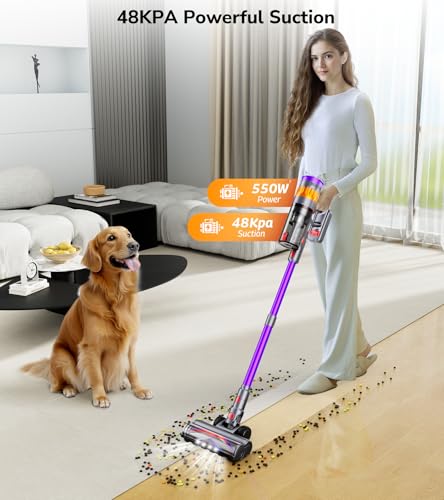 Cordless Vacuum Cleaner, 550W 48Kpa 70 Mins Vacuum Cleaners for Home, Self-Standing Stick Vacuum with Touch Screen, Wall Dock