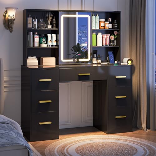 47'' Large Vanity Desk with Mirror and Lights, 7 Drawers, 8 Storage Shelves Vanity Table, Big Makeup Vanity Desk with 3 LED Lighting Modes