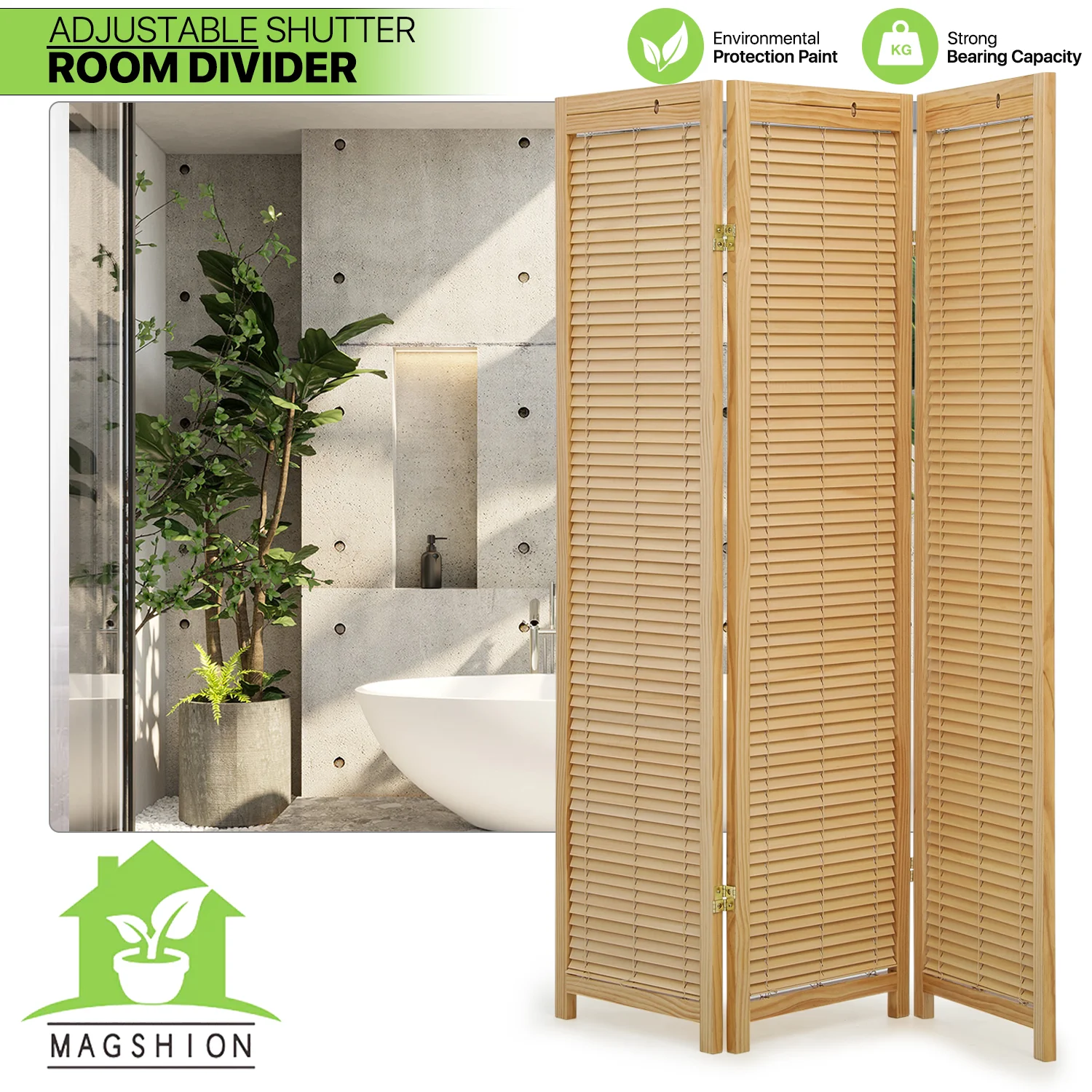 Magshion 5.6 ft Foldable Room Divider, 3 Panel Adjustable Shutter, Wood Portable Privacy Screen for Bedroom Office, Natural