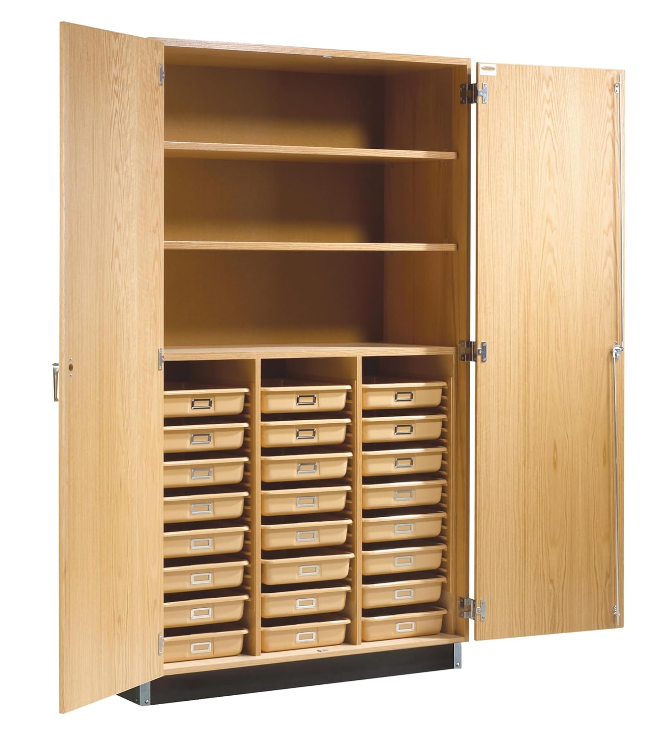 Diversified Spaces School Classroom Tall Tote Tray & Shelf Storage Cabinet, 48" W x 22" D x 84" H, 24 Trays, Oak Construction, Locking Double Doors
