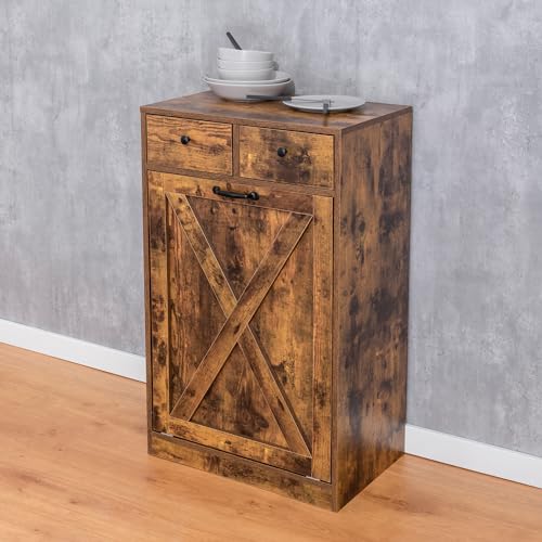 13 Gallon Tilt Out Trash Cabinet with 2 Drawers Wood Hidden Kitchen Recycling Cabinet Free Standing Pet Proof Trash Can Laundry Cabinet for Kitchen