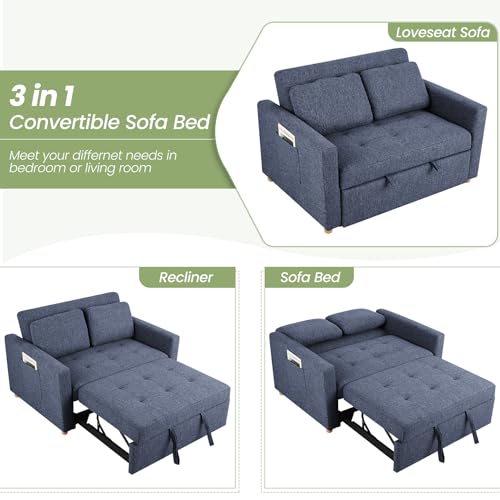 SEJOV 3-in-1 Convertible Sofa Bed, Linen Fabric Sleeper Couch Pull Out Bed, 49" 2-Seater Loveseat Futon Sofa with Spring Support