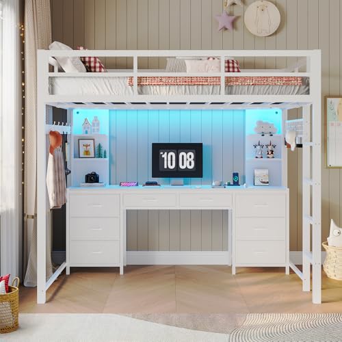 ADORNEVE Full Size Loft Bed with Desk and 8 Storage Drawers, Metal Loft Beds Full with LED Lights & Charging Sation