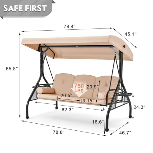 HOMREST 3 Seat Outdoor Porch Swing with Adjustable Canopy, Convertible Patio Swing Bed with Stand, Patio Glider Swing with Upgraded Cup Holder
