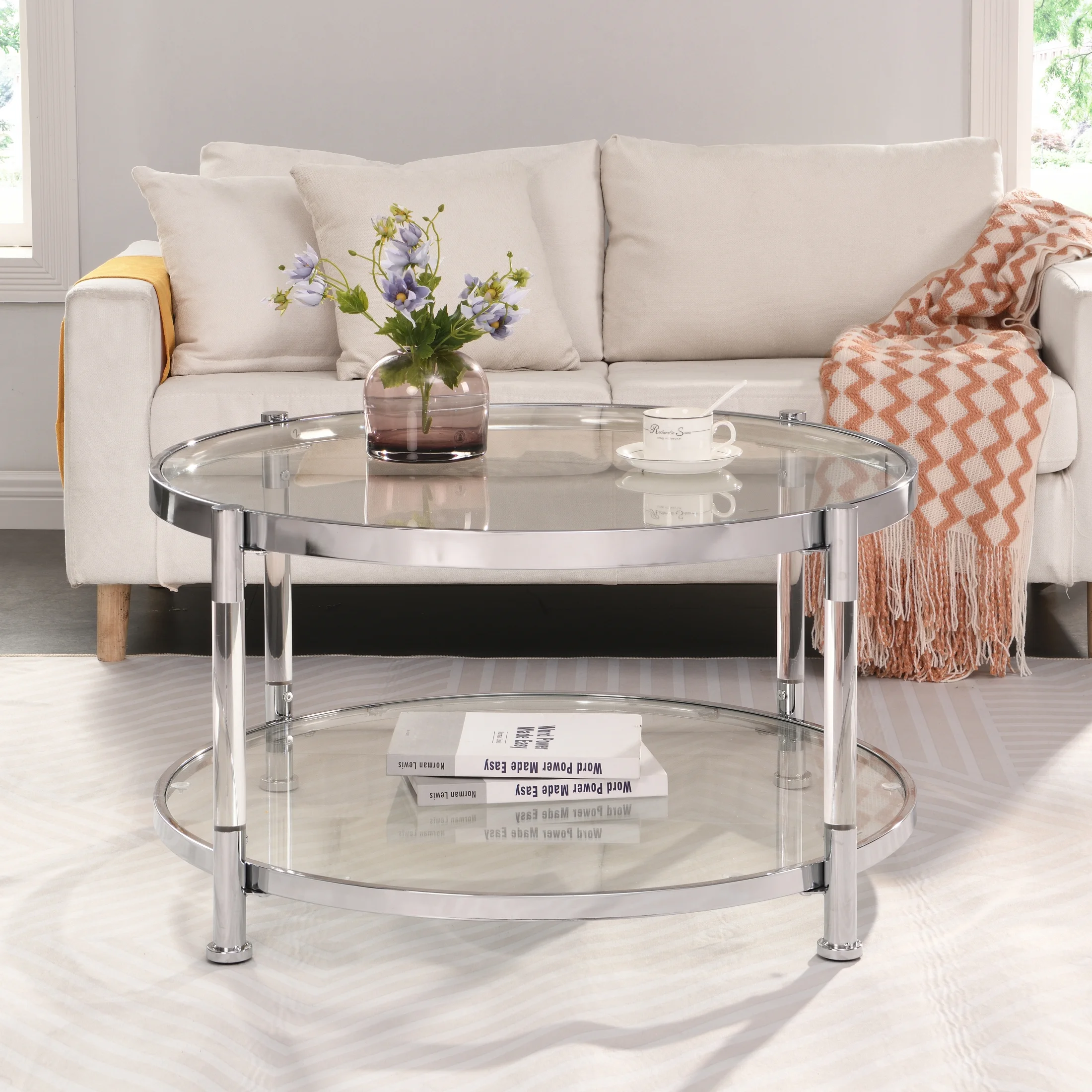 Contemporary Acrylic Coffee Table, 32.3'' Round Tempered Glass Coffee Table, Chrome/Silver Coffee Table for Living Room