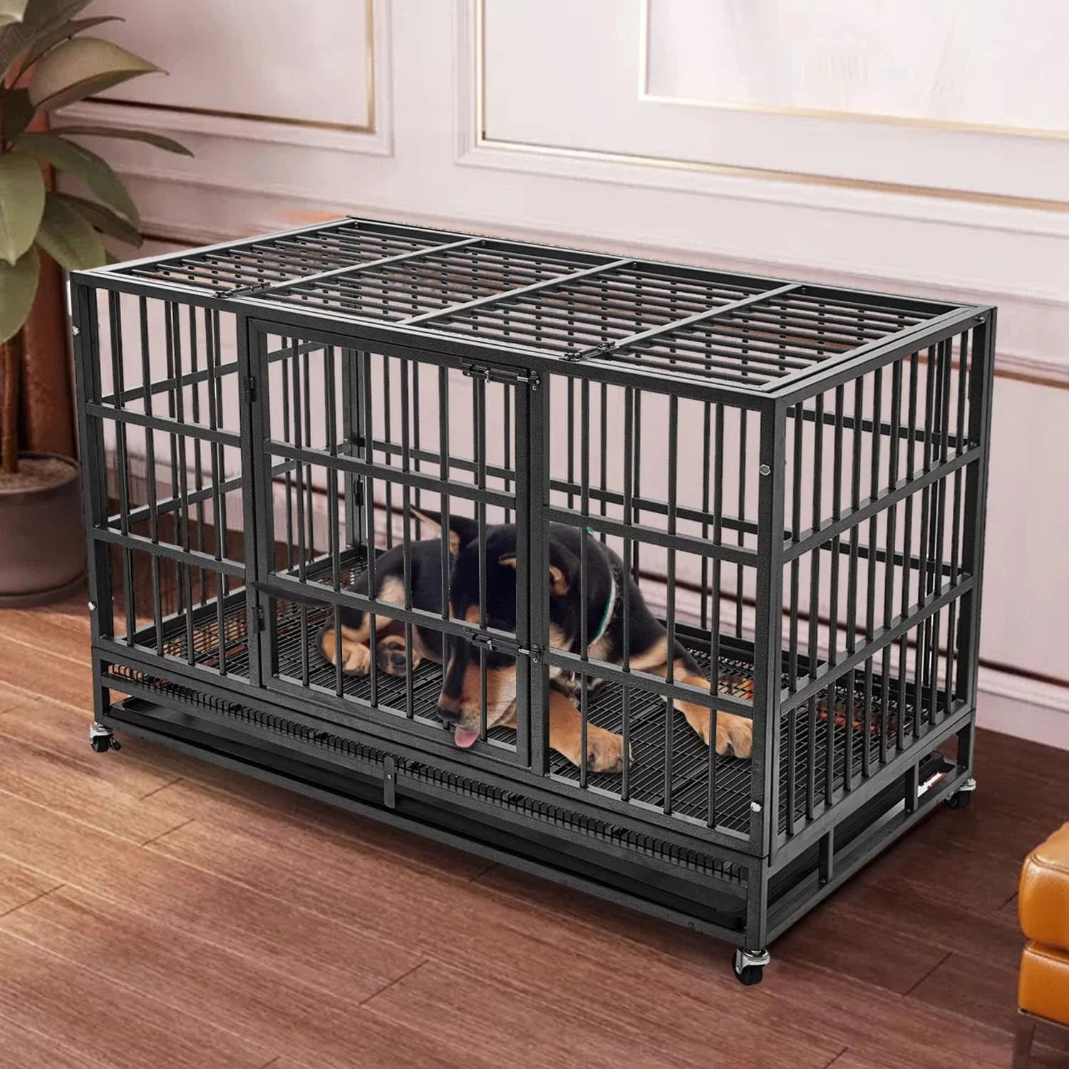 Aixvx 48 inch Heavy Duty Indestructible Dog Crate Steel Escape Proof, Indoor Double Door High Anxiety Cage, Kennel with Wheels, Removable Tray