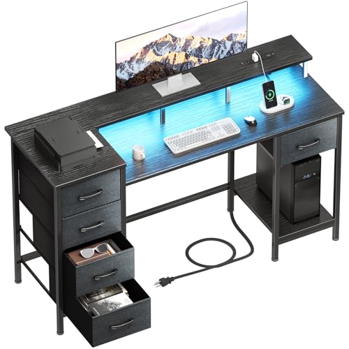 47 Inch Computer Gaming Desk with Power Outlets LED Lights Reversible Home Office with Adjustable Fabric Storage Drawers for Working Writing Study
