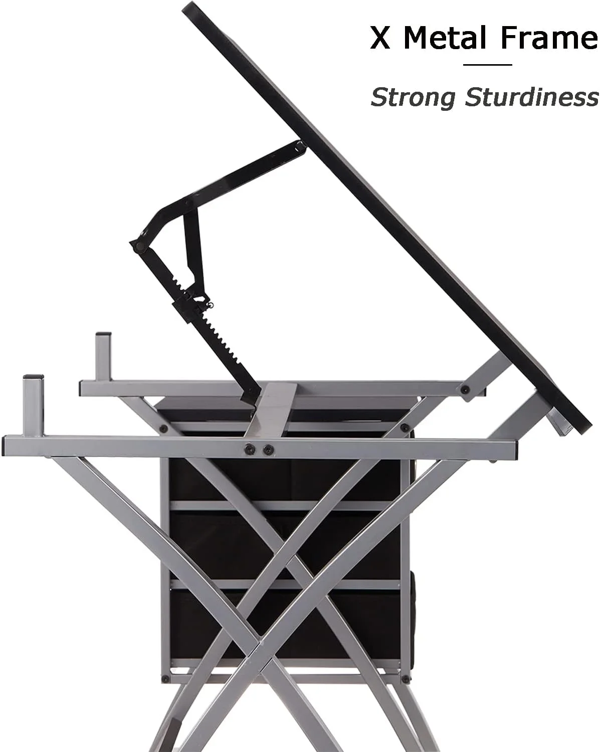 Adjustable Drafting Table For Artists With Stool, Sturdy X-Cross Metal Frame Drawing Table With Storage Drawers, Art Desk With Tilted