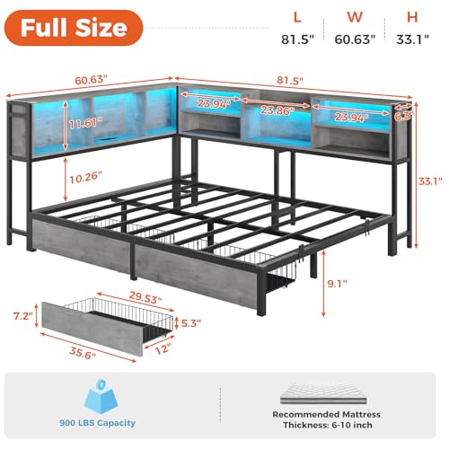 DICTAC Corner Twin Bed Frame with Bookcase Storage and Led Lights Metal Twin Size Platform Beds with Storage and Charging Station Twin Daybed with 2