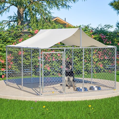 Large Outdoor Dog Kennel, Heavy Duty Galvanized Steel Dog Enclosure, Chicken Coop with Waterproof UV-Resistant Cover