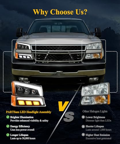 Partsam LED Headlights Assembly DOT Approved with Start-up Light DRL Sequential Turn Signal Hi/Low Sealed Beam Side Marker Lights Replacement for