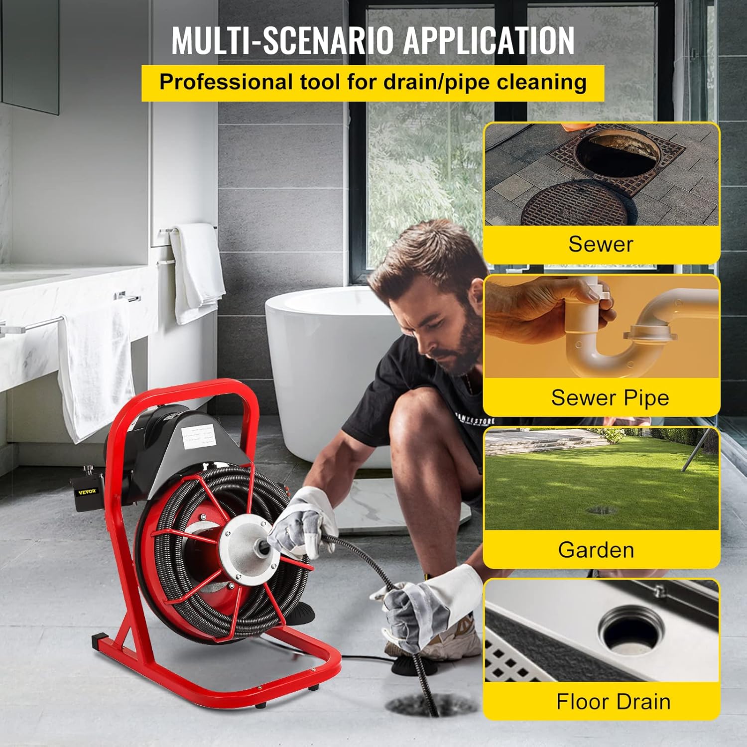 VEVOR 50 Ft x 3/8 Inch Drain Cleaner Machine fit 1 Inch (25mm) to 4 Inch(100mm) Pipes 250W Drain Cleaning Machine Portable Electric Drain Auger with