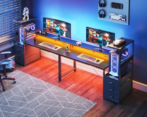 AODK 59 Inch Gaming Desk with USB Charging Ports & LED Light- Reversible Computer Desk with Storage Shelves & Monitor Stand