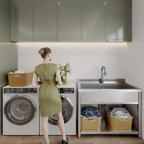 Stainless Steel Utility Sink, Large Freestanding Laundry Sink with Pull-out Faucet for Kitchen, Bathroom, Laundry Room, Garage, Outdoor/Indoor Use
