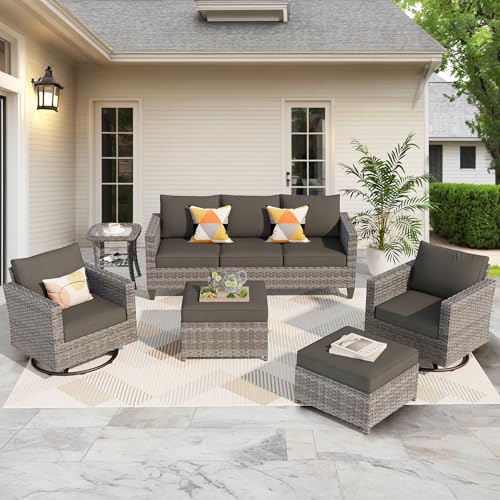 ovios Patio Furniture Set, 6 Piece Outdoor Wicker Sofa with Swivel Rocking Chairs and Comfy Cushions, High Back Rattan Couch Conversation Set