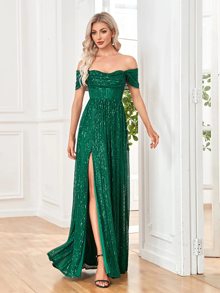 Wedding Dress Wedding Guest Dresses for Women Popular Card Shoulder Straight Collar A-line Slit Dinner Dress Long Dress Women Beads