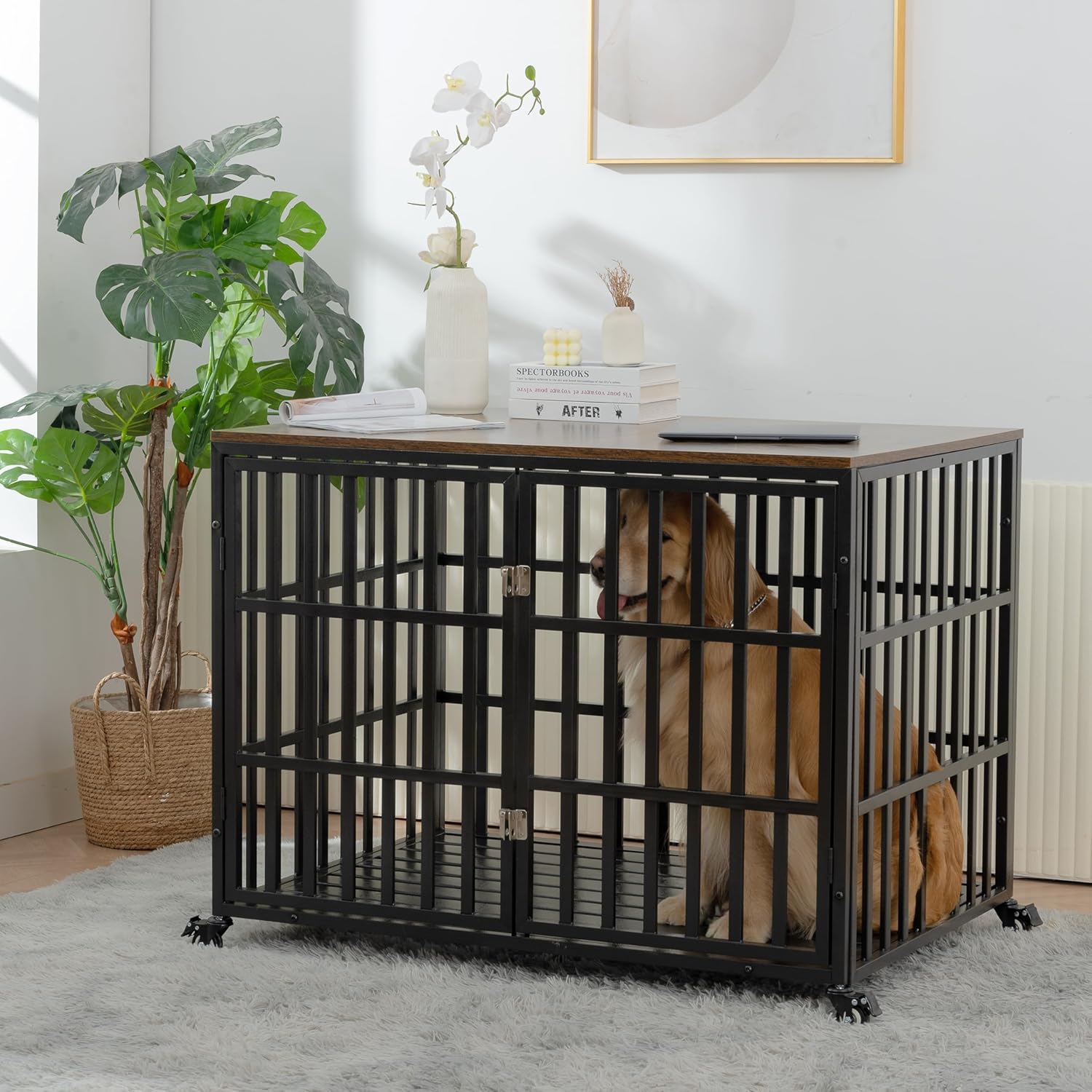 42" Heavy Duty Dog Crate for Large Medium Dogs, Furniture Style cage with 4 Lockable Wheels and 2 Locks