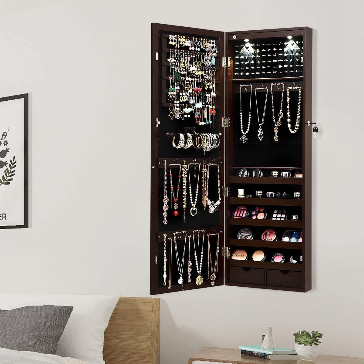 Giantex Jewelry Armoire Wall Door Mounted, Lockable Jewelry Cabinet with 42.5'' Full Length Mirror, 2 LEDs Jewelry Organizer Box with 2 Drawers