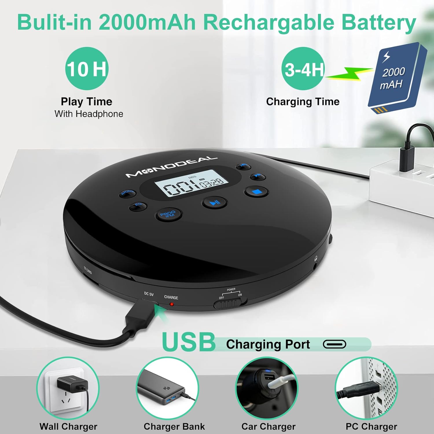 CD Player Portable, MONODEAL Portable CD Player with FM Transmitter