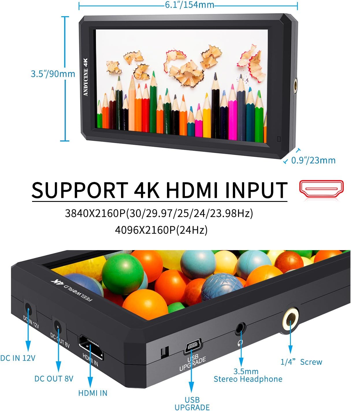 FEELWORLD F6+Battery+ Integrated Battery Charger + Micro&Mini HDMI Cords 5.7Inch FHD IPS On Camera 4K HDMI Monitor with Swivel Arm and 8V DC Power