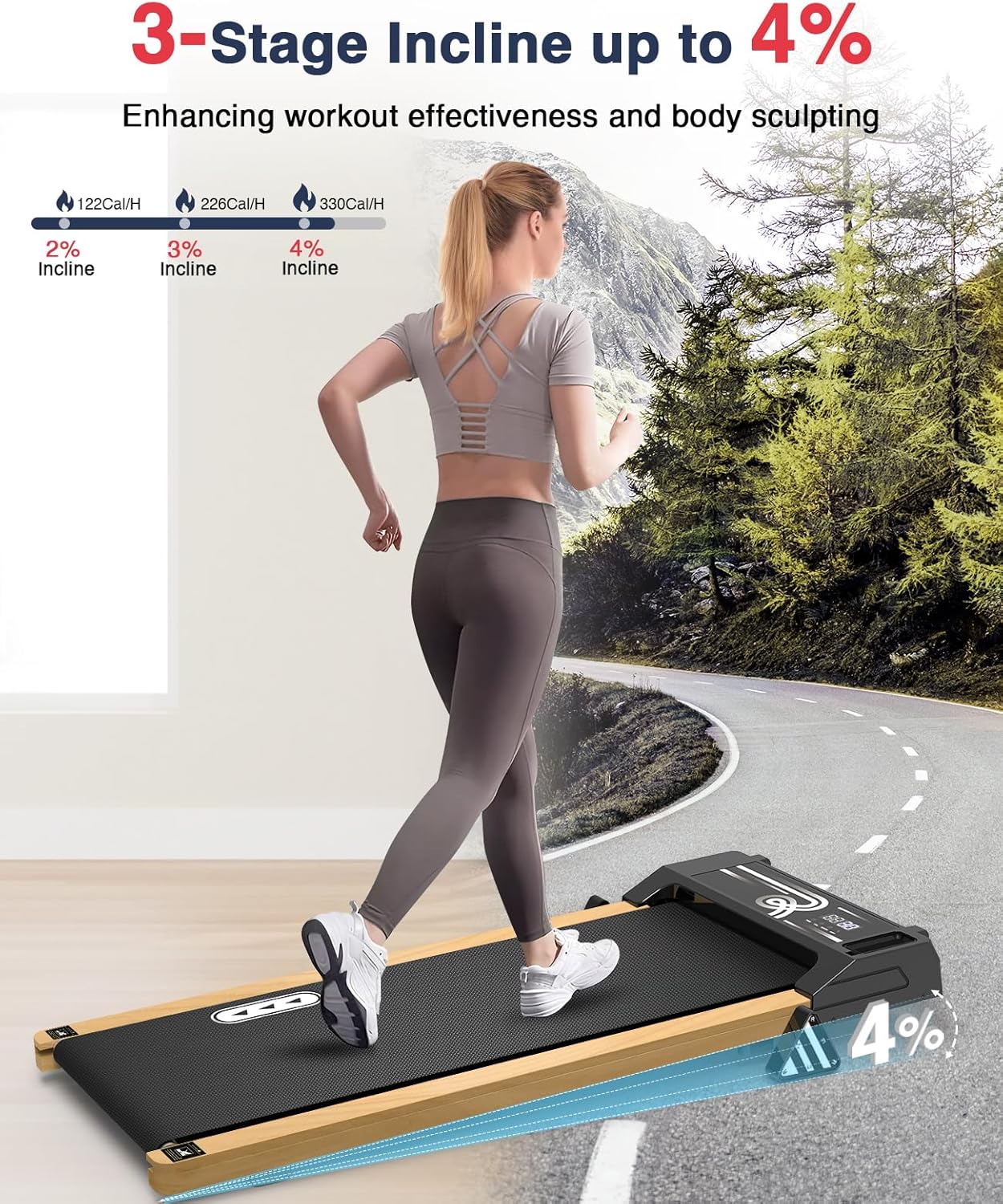 REDLIRO Wood Walking Pad with Incline - Wooden Under Desk Treadmill for Office Home - Mini Treadmills with 265lbs Capacity