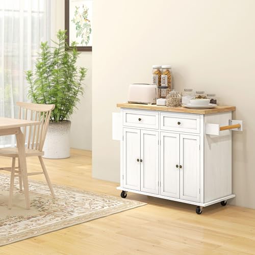 HOMCOM Kitchen Island on Wheels, Rolling Cart with Rubberwood Top, Spice Rack, Towel Rack and Drawers for Dining Room, Navy Blue