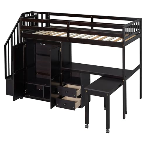 Harper & Bright Designs Twin Size Loft Bed with Stairs and Bookshelf, Wood Twin Storage Bed with Desk & Wardrobe