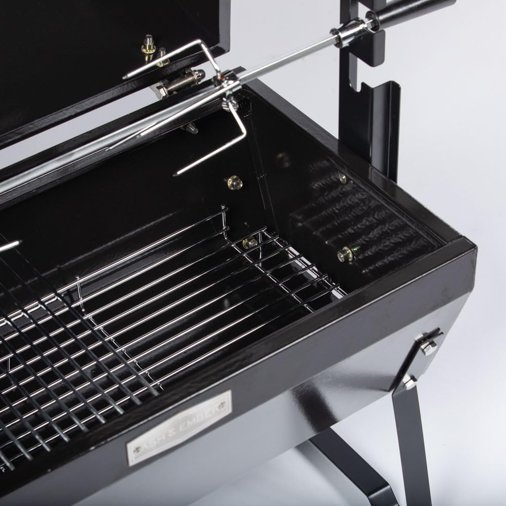 Ash & Ember 4W Rotisserie Spit Roaster Grill, Rated 33 LB, Horizontal Adjustable Spit Rod for Outdoor Charcoal BBQ with Hood, Roast Chicken, Lamb