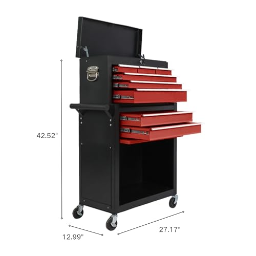 KEIKI 8-Drawer Large Capacity Rolling Tool Chest, Detachable Cabinet Storage with Lock, Tool Box with Wheels for Workshop & Garage, Black Red