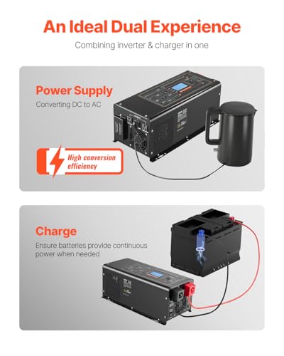 VEVOR Pure Sine Wave Inverter Charger, 2000 Watt, DC 12V to AC 120V, Battery Charger with LCD Display, Remote Control