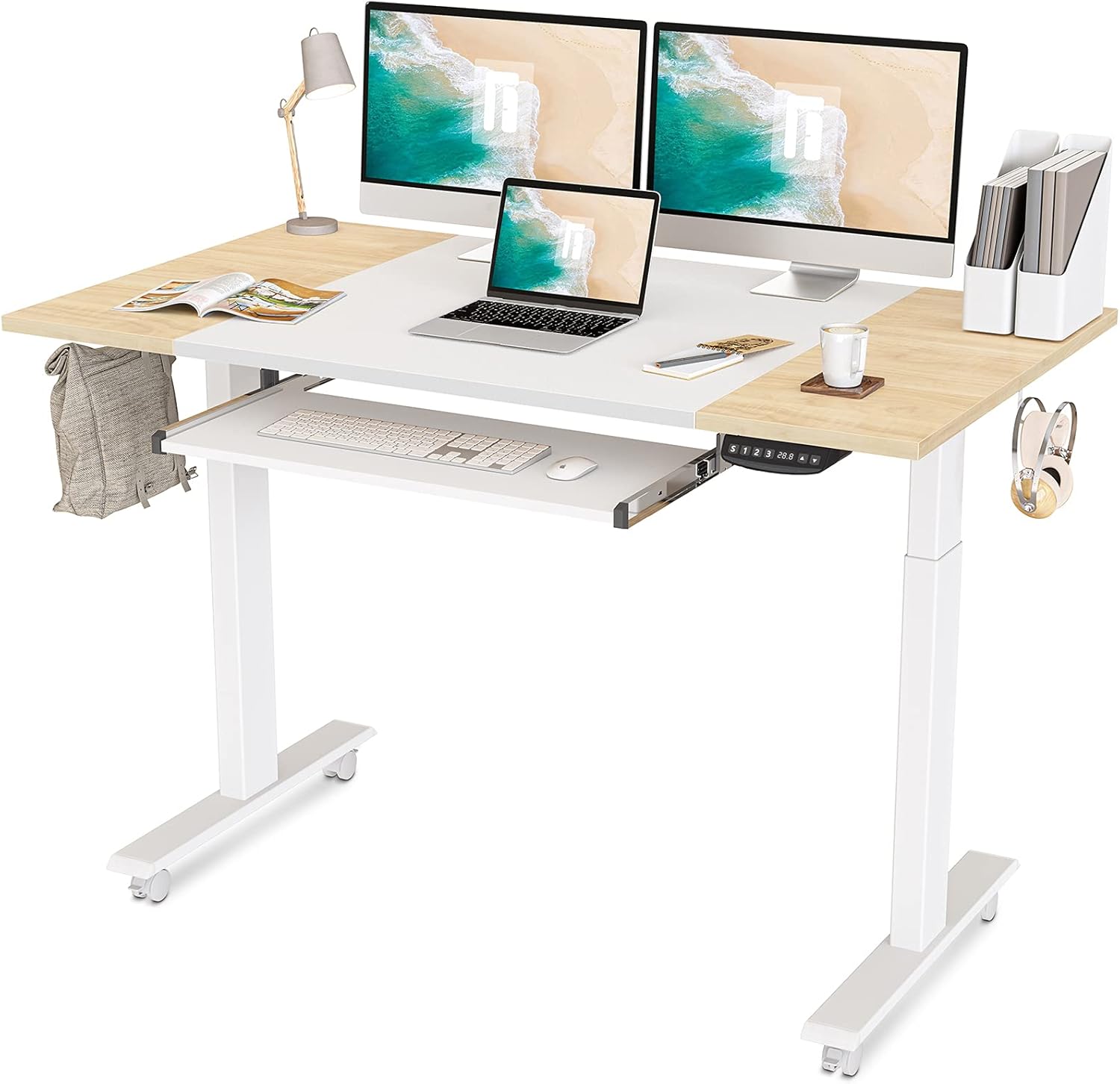 FEZIBO Dual Motor Height Adjustable Electric Standing Desk with Keyboard Tray, 48 x 24 Inch Sit Stand Table with Splice Board