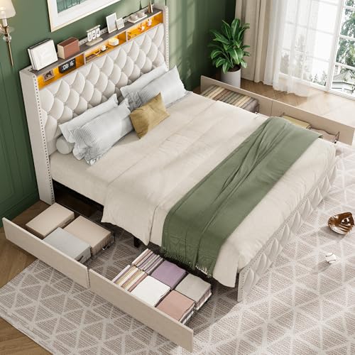 GarveeHome Queen Bed Frame with 50.8" Tall Headboard, Platform Velvet Upholstered Bed Frame with 4 Storage Drawers, USB Charging Station, Led Lights