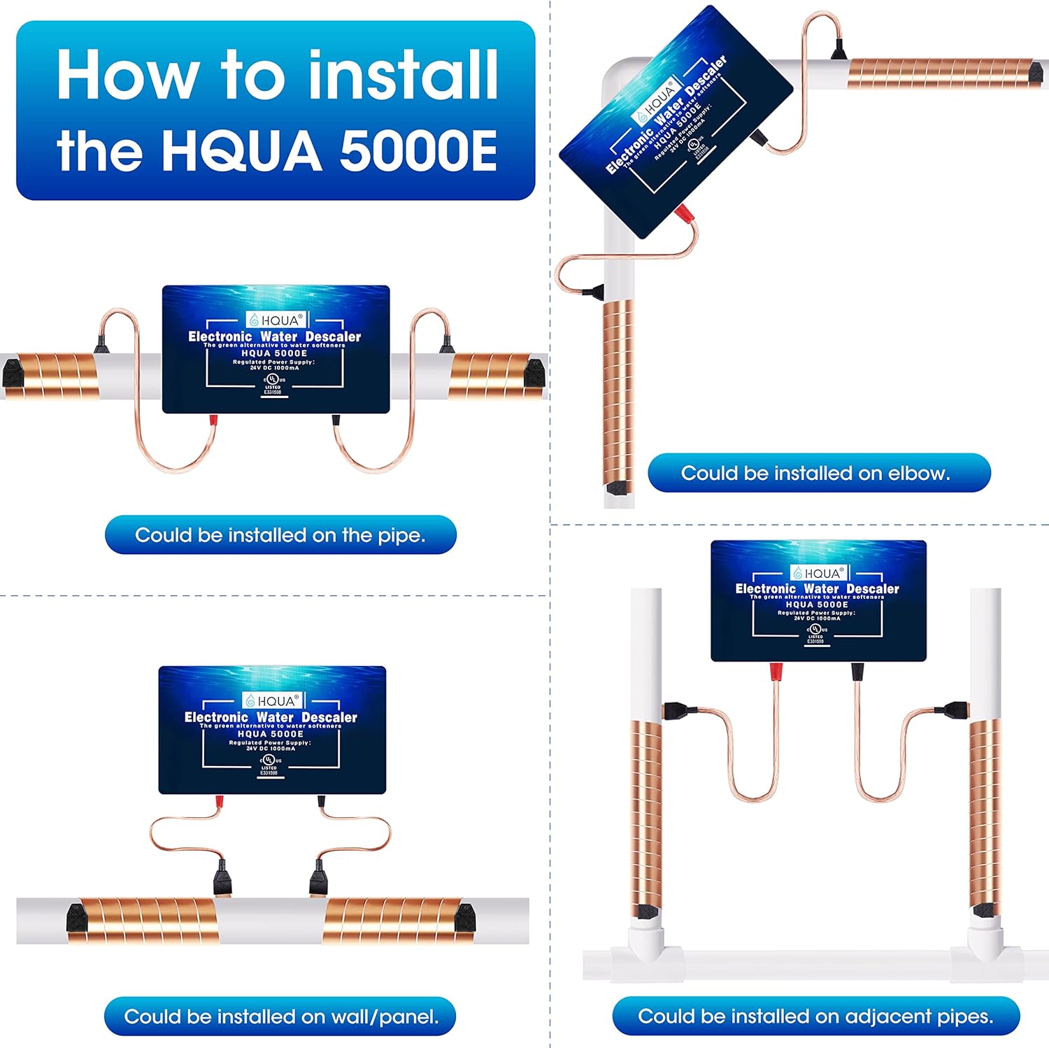 HQUA S350 Whole House Electronic Water Descaler, Alternative Water Softener, Salt Free, Limescale and Rust Removal and Prevention System