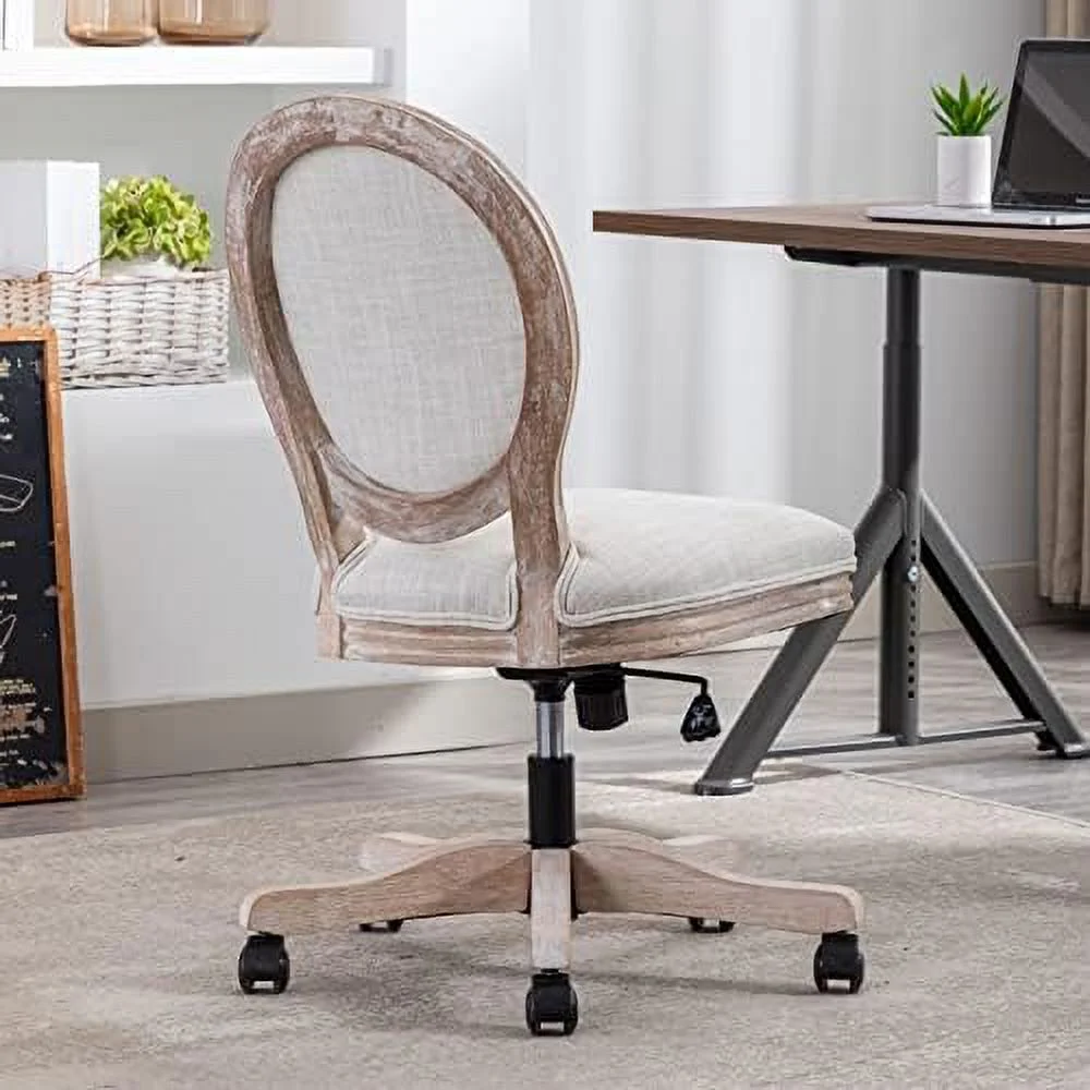 Rattan Back Linen Office Chair  Adjustable Height Swivel Task Chair with Wood Frame Armless Desk Chair with Wheels Upholstered Round Back Vanity