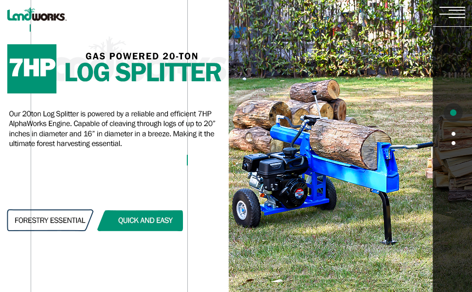 Landworks Log Splitter Portable 20 Ton Rapid Auto Return Ram System Bucher Gear Pump 7HP Engine Horizontal Full Beam Steel Wedge Firewood Splitting