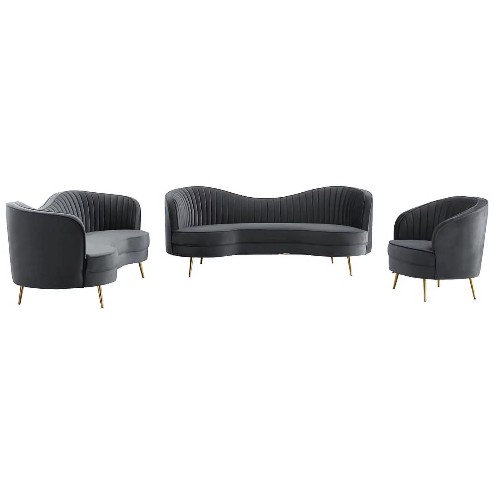 Wallace 3-piece Modern Velvet Living Room Set in Gray
