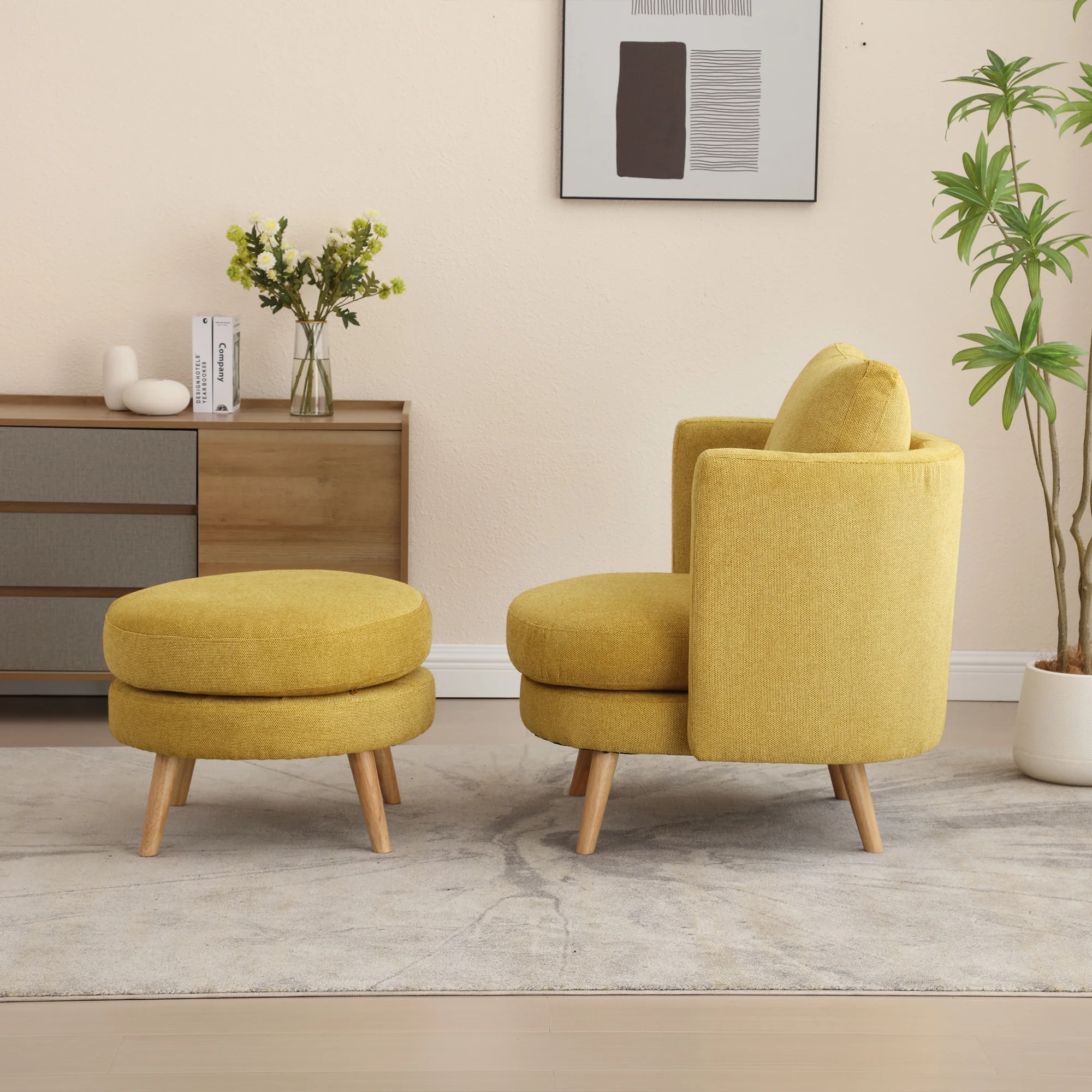 30.7" Wide Accent Chair with Ottoman Armchair Upholstered Reading Chair Single Sofa with Wooden Leg and Throw Pillow for Living Room Bedroom Dorm
