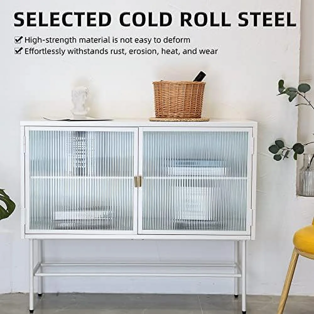 TJUNBOLIFE Retro Style Fluted Glass  Cabinet Corner Cabinet Sideboard Dual Doors Three Detachable Wide Shelves Enclosed Dust-Free  for Living Room