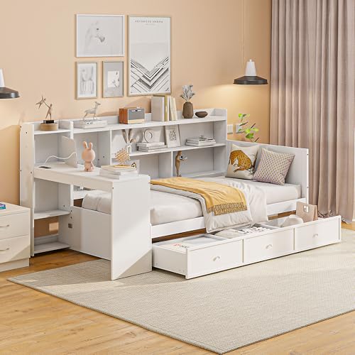 Bellemave Twin Corner Bed Frame with Storage Shelves and Desk, Wood Twin Size Daybed with Bookcase and Drawers and Storage, Gray