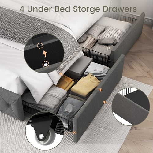 King Size Bed Frame with 4 Storage Drawers and Tufted Headboard Linen Upholstered Platform Bed Frame Wingback Beds with Wooden Slats Support
