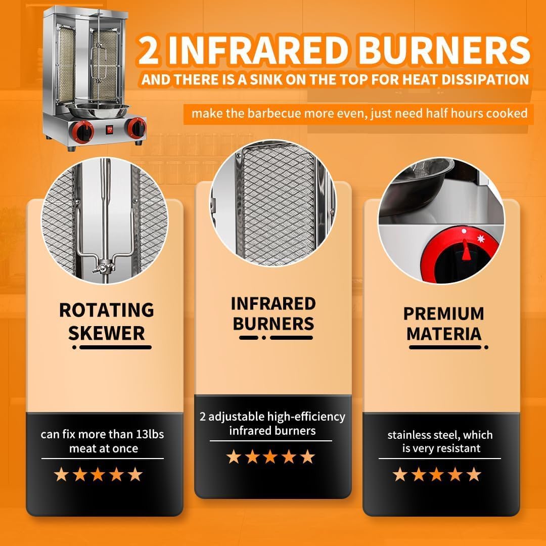 Li Zhen Shawarma Machine Gas Vertical Doner Kebab Machine Shawarma grill Vertical Rotisserie Machine Propane Vertical Broiler with 2 Burner and Meat