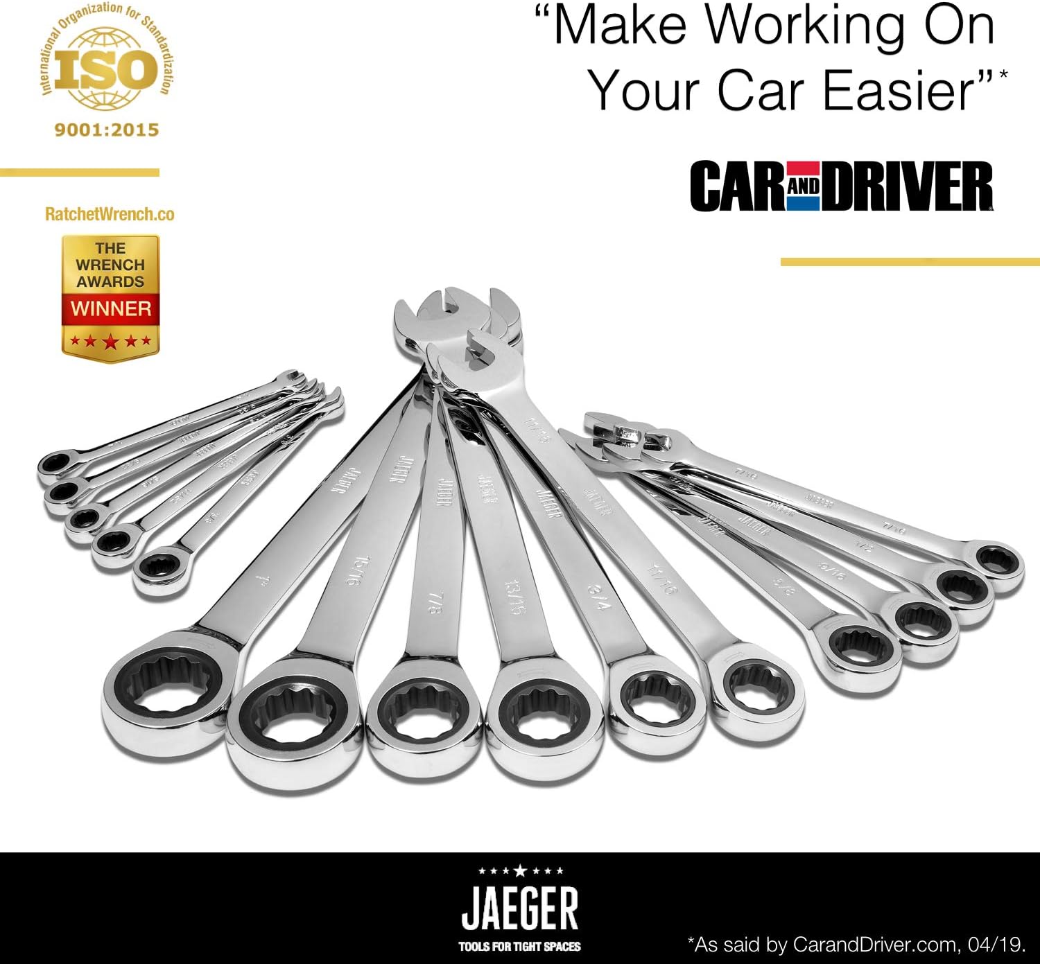 JAEGER 15pc Inch TIGHTSPOT Ratcheting Wrenches MASTER SET - Our LARGEST SAE/INCH SET With Bear Keeper Rollup Case